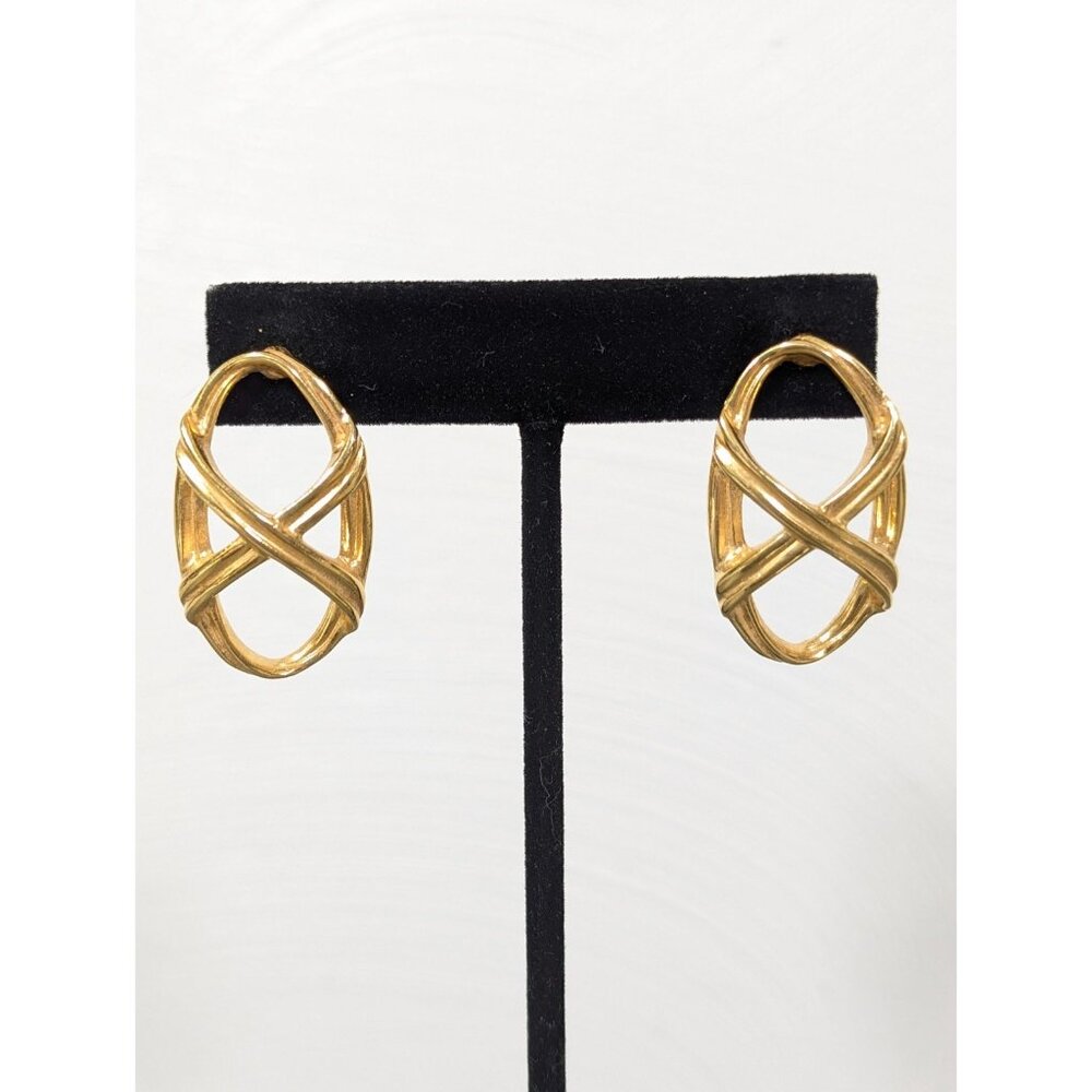 Vintage Avon Bamboo Trellis Earrings Gold Tone Criss Cross XO Drop Pierced